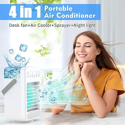 Evaporative Misting Fan with Timer, USB Portable Air Conditioner Fan, 4 Speeds with Night Light, 4 IN 1 USB Personal Air Cooler Desk Fan,Adjustable Head 90° Rotatable for Home Room Office