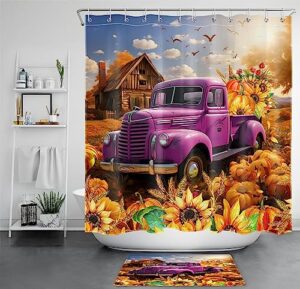 fall purple truck shower curtain thanksgiving harvest orange pumpkin and sunflower floral shower curtain rustic vintage fabric shower curtain set for bathroom with bath mat and hooks,72x72 inches