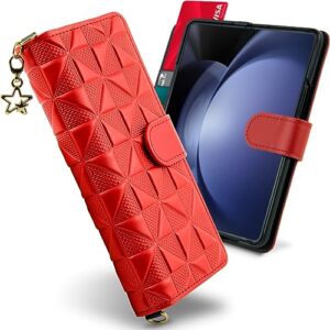 qoosan genuine leather designed for samsung galaxy z fold 5 wallet case (2023) hinge protection 360 cover flip phone case with card holder strap, red