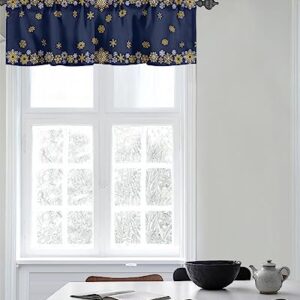 Christmas Day Kitchen Curtain Valance for Window Winter Geometric Snowflake 60x18In Rod Pocket Valances Short Curtains Window Treatment for Living Room Bathroom Bedroom Cafe Decor Gold White on Blue