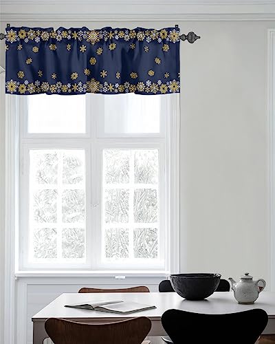 Christmas Day Kitchen Curtain Valance for Window Winter Geometric Snowflake 60x18In Rod Pocket Valances Short Curtains Window Treatment for Living Room Bathroom Bedroom Cafe Decor Gold White on Blue