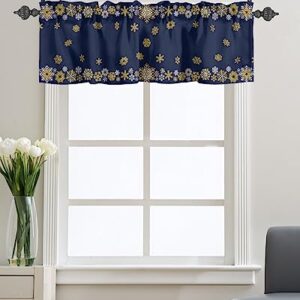 Christmas Day Kitchen Curtain Valance for Window Winter Geometric Snowflake 60x18In Rod Pocket Valances Short Curtains Window Treatment for Living Room Bathroom Bedroom Cafe Decor Gold White on Blue