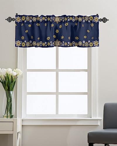 Christmas Day Kitchen Curtain Valance for Window Winter Geometric Snowflake 60x18In Rod Pocket Valances Short Curtains Window Treatment for Living Room Bathroom Bedroom Cafe Decor Gold White on Blue