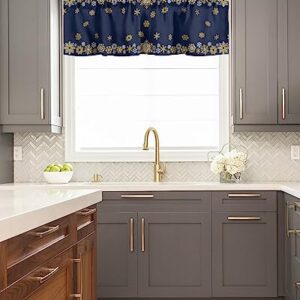 Christmas Day Kitchen Curtain Valance for Window Winter Geometric Snowflake 60x18In Rod Pocket Valances Short Curtains Window Treatment for Living Room Bathroom Bedroom Cafe Decor Gold White on Blue