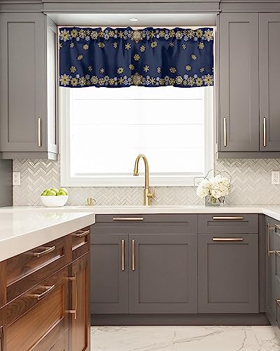 Christmas Day Kitchen Curtain Valance for Window Winter Geometric Snowflake 60x18In Rod Pocket Valances Short Curtains Window Treatment for Living Room Bathroom Bedroom Cafe Decor Gold White on Blue