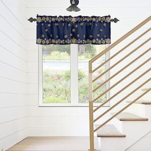 Christmas Day Kitchen Curtain Valance for Window Winter Geometric Snowflake 60x18In Rod Pocket Valances Short Curtains Window Treatment for Living Room Bathroom Bedroom Cafe Decor Gold White on Blue