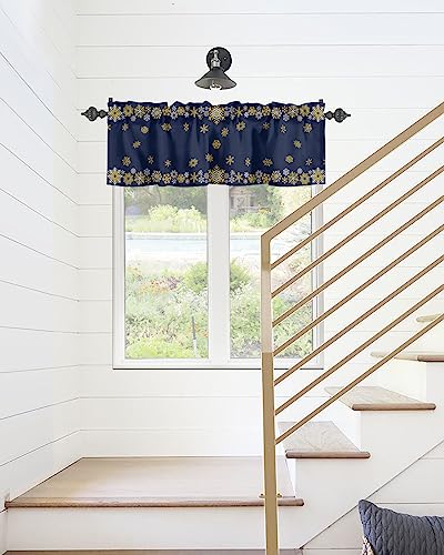 Christmas Day Kitchen Curtain Valance for Window Winter Geometric Snowflake 60x18In Rod Pocket Valances Short Curtains Window Treatment for Living Room Bathroom Bedroom Cafe Decor Gold White on Blue