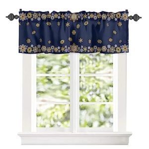 Christmas Day Kitchen Curtain Valance for Window Winter Geometric Snowflake 60x18In Rod Pocket Valances Short Curtains Window Treatment for Living Room Bathroom Bedroom Cafe Decor Gold White on Blue