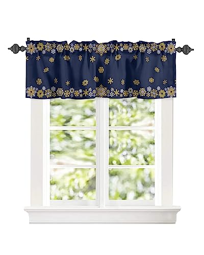 Christmas Day Kitchen Curtain Valance for Window Winter Geometric Snowflake 60x18In Rod Pocket Valances Short Curtains Window Treatment for Living Room Bathroom Bedroom Cafe Decor Gold White on Blue