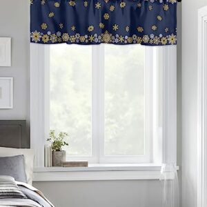 Christmas Day Kitchen Curtain Valance for Window Winter Geometric Snowflake 60x18In Rod Pocket Valances Short Curtains Window Treatment for Living Room Bathroom Bedroom Cafe Decor Gold White on Blue