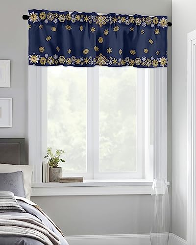 Christmas Day Kitchen Curtain Valance for Window Winter Geometric Snowflake 60x18In Rod Pocket Valances Short Curtains Window Treatment for Living Room Bathroom Bedroom Cafe Decor Gold White on Blue