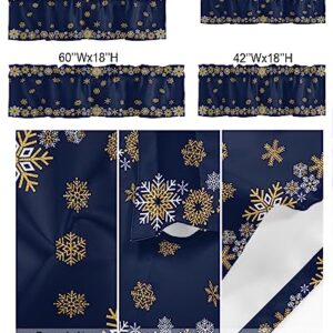 Christmas Day Kitchen Curtain Valance for Window Winter Geometric Snowflake 60x18In Rod Pocket Valances Short Curtains Window Treatment for Living Room Bathroom Bedroom Cafe Decor Gold White on Blue