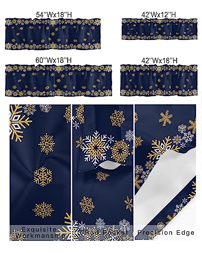 Christmas Day Kitchen Curtain Valance for Window Winter Geometric Snowflake 60x18In Rod Pocket Valances Short Curtains Window Treatment for Living Room Bathroom Bedroom Cafe Decor Gold White on Blue