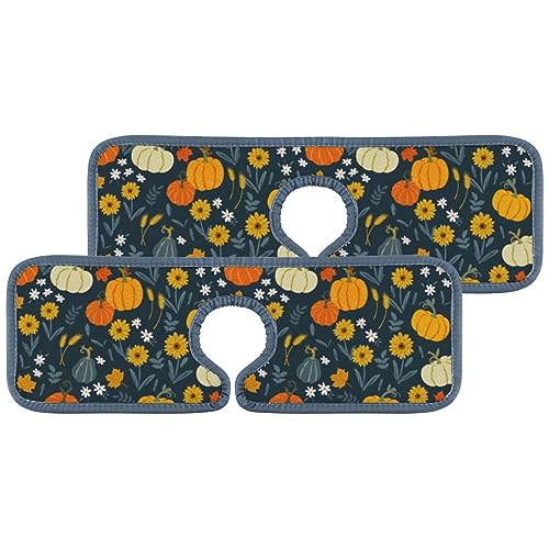 Absorbent Kitchen Faucet Mat 2 Pieces Thanksgiving Pumpkins Sunflower Faucet Sink Splash Catcher Bathroom Counter Drip Catcher,Splash Guard Water Stains Preventer