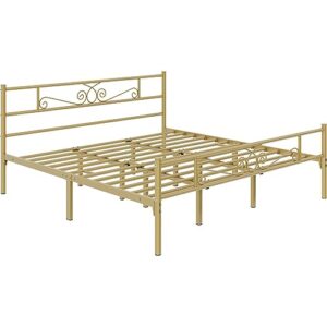 yaheetech king size bed frame iron mattress foundation with scroll design antique gold iron-art headboard and footboard no box spring needed platform bed for beddrooms guestrooms dormitories