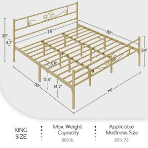 Yaheetech King Size Bed Frame Iron Mattress Foundation with Scroll Design Antique Gold Iron-Art Headboard and Footboard No Box Spring Needed Platform Bed for Beddrooms Guestrooms Dormitories