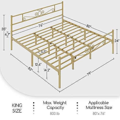 Yaheetech King Size Bed Frame Iron Mattress Foundation with Scroll Design Antique Gold Iron-Art Headboard and Footboard No Box Spring Needed Platform Bed for Beddrooms Guestrooms Dormitories