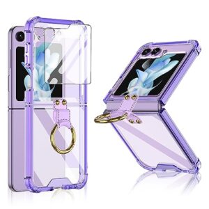 aitipy for samsung galaxy z flip 5 case with ring stand, 1 front screen protector, crystal clear slim fit, soft tpu bumper shockproof protective phone case for women girls boys(clear purple)