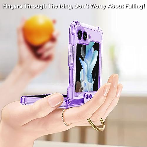 Aitipy for Samsung Galaxy Z Flip 5 Case with Ring Stand, 1 Front Screen Protector, Crystal Clear Slim Fit, Soft TPU Bumper Shockproof Protective Phone Case for Women Girls Boys(Clear Purple)