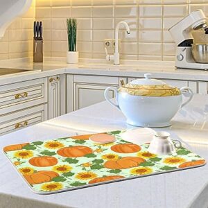 Sunflowers Orange Pumpkins Dish Drying Mat for Kitchen Counter Absorbent Microfiber Dish Drying Pad Mat Washable Coffee Bar Mat Mats for Countertop Dining Table Holiday Decor 16"x18"