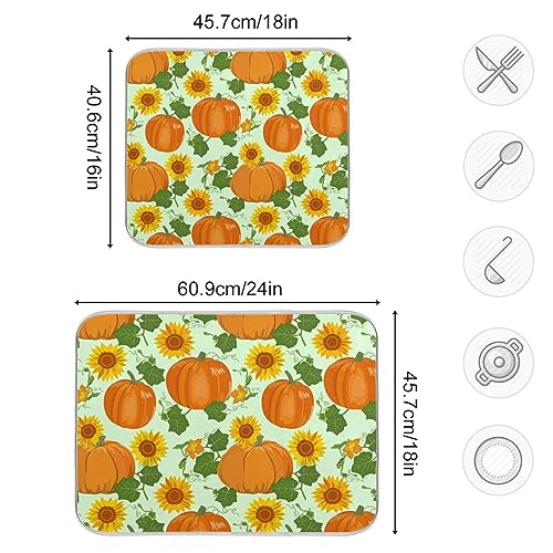 Sunflowers Orange Pumpkins Dish Drying Mat for Kitchen Counter Absorbent Microfiber Dish Drying Pad Mat Washable Coffee Bar Mat Mats for Countertop Dining Table Holiday Decor 16"x18"