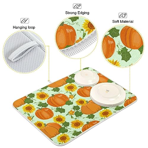 Sunflowers Orange Pumpkins Dish Drying Mat for Kitchen Counter Absorbent Microfiber Dish Drying Pad Mat Washable Coffee Bar Mat Mats for Countertop Dining Table Holiday Decor 16"x18"