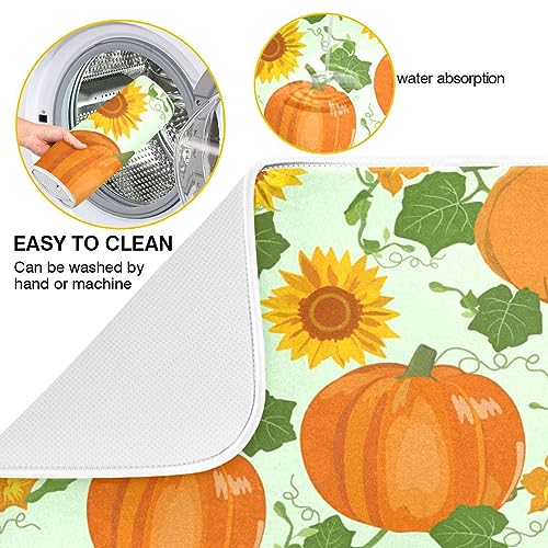 Sunflowers Orange Pumpkins Dish Drying Mat for Kitchen Counter Absorbent Microfiber Dish Drying Pad Mat Washable Coffee Bar Mat Mats for Countertop Dining Table Holiday Decor 16"x18"