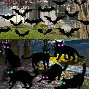 hanging bats halloween decorations outdoor - 20 pack large flying bats 5 different size, 6 pack halloween black cat yard signs with lights, thickened halloween decor outdoor yard signshalloween decora