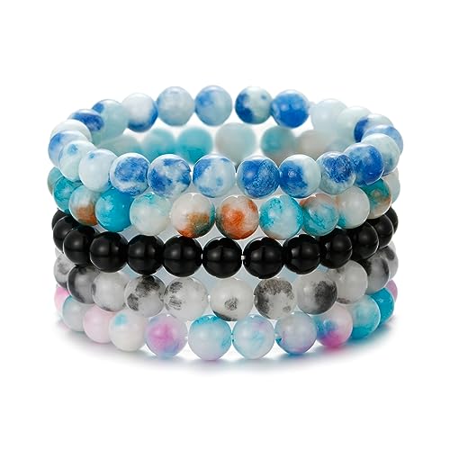 BOMAIL 5PCS Semi-Precious Gemstone Bracelet - Gemstones Crystal Beaded Bracelets for Women Reiki Healing Stone Stretch Bracelet 8mm Round Beaded Bracelets Gifts