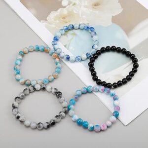 BOMAIL 5PCS Semi-Precious Gemstone Bracelet - Gemstones Crystal Beaded Bracelets for Women Reiki Healing Stone Stretch Bracelet 8mm Round Beaded Bracelets Gifts