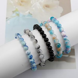 BOMAIL 5PCS Semi-Precious Gemstone Bracelet - Gemstones Crystal Beaded Bracelets for Women Reiki Healing Stone Stretch Bracelet 8mm Round Beaded Bracelets Gifts