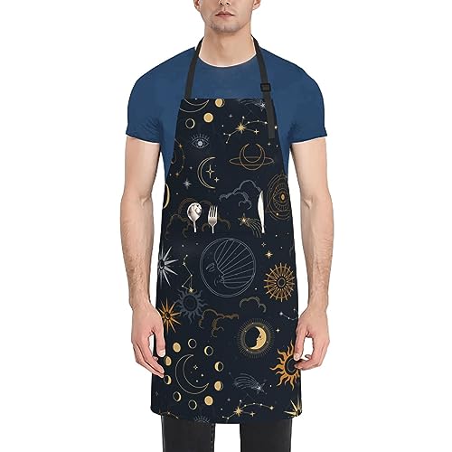 Wizfuyq Sun Moon Star Aprons For Men With Pockets Women For Cooking Gardening Adjustable Waterproof Bbq Chef Gifts Home Bibs