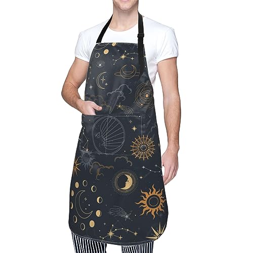 Wizfuyq Sun Moon Star Aprons For Men With Pockets Women For Cooking Gardening Adjustable Waterproof Bbq Chef Gifts Home Bibs