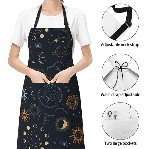 Wizfuyq Sun Moon Star Aprons For Men With Pockets Women For Cooking Gardening Adjustable Waterproof Bbq Chef Gifts Home Bibs