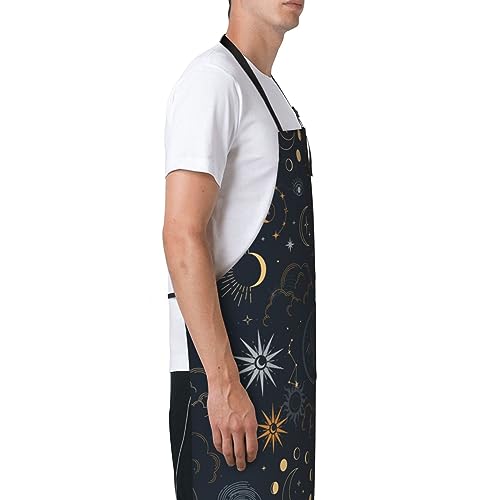 Wizfuyq Sun Moon Star Aprons For Men With Pockets Women For Cooking Gardening Adjustable Waterproof Bbq Chef Gifts Home Bibs