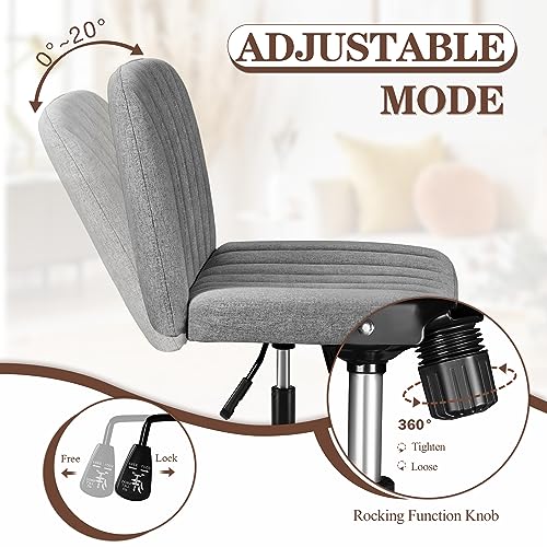 Kemon Armless Desk Chair No Wheels with Ottoman, Cross Legged Fabric Home Office Chairs, Height Adjustable Padded Wide Seat, Modern Swivel Computer Task Chair for Living Room, Grey