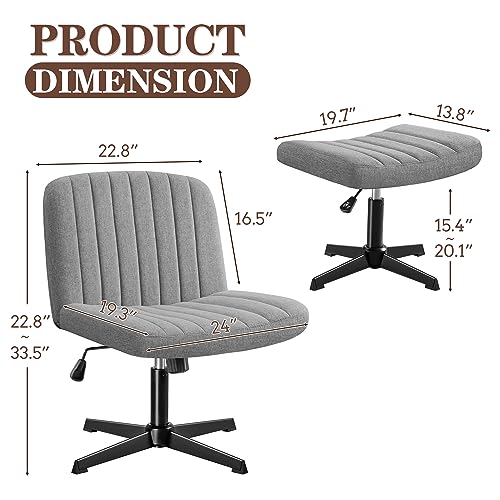 Kemon Armless Desk Chair No Wheels with Ottoman, Cross Legged Fabric Home Office Chairs, Height Adjustable Padded Wide Seat, Modern Swivel Computer Task Chair for Living Room, Grey