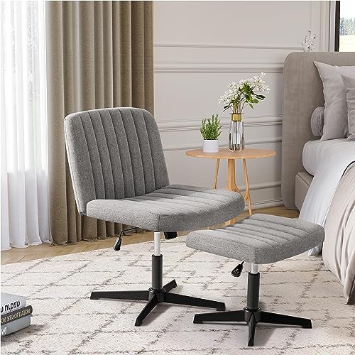 Kemon Armless Desk Chair No Wheels with Ottoman, Cross Legged Fabric Home Office Chairs, Height Adjustable Padded Wide Seat, Modern Swivel Computer Task Chair for Living Room, Grey