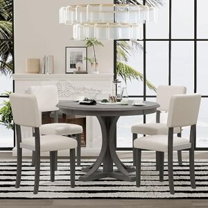 aosbet dark grey 5-piece retro round dining table set with curved trestle style table legs & 4 upholstered chairs - perfect for dining rooms