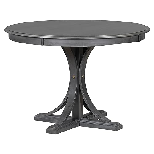 AosBet Dark Grey 5-Piece Retro Round Dining Table Set with Curved Trestle Style Table Legs & 4 Upholstered Chairs - Perfect for Dining Rooms