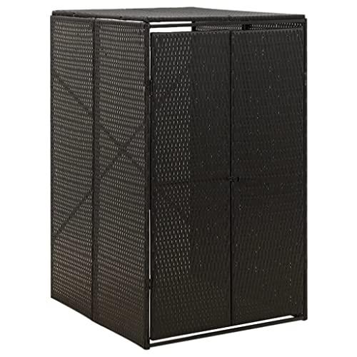 Gecheer Single Wheelie Bin Shed Black 27.6"x31.5"x46.1" Poly Rattan Outdoor Patio Garbage Can Recycling Dustbin Trash Cover Storage Shed Enclosure for Garden