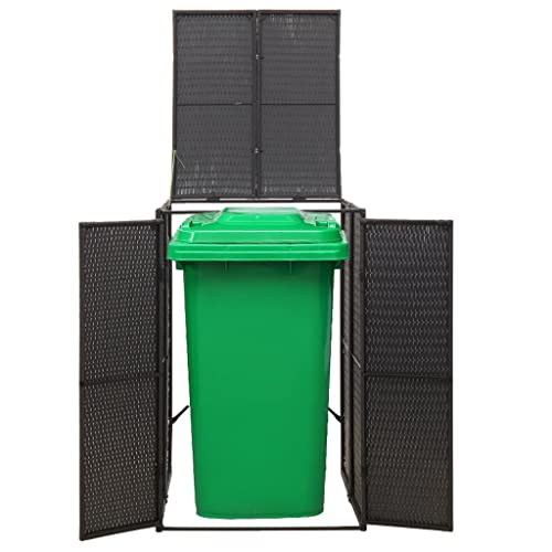 Gecheer Single Wheelie Bin Shed Black 27.6"x31.5"x46.1" Poly Rattan Outdoor Patio Garbage Can Recycling Dustbin Trash Cover Storage Shed Enclosure for Garden