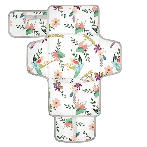 Flowers Portable Baby Changing Pads Travel Diaper Changing Table Mat Foldable Waterproof Changing Station with Built-in Pillow for Newborn Stuff Essentials Gifts