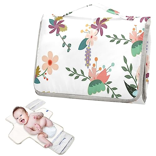 Flowers Portable Baby Changing Pads Travel Diaper Changing Table Mat Foldable Waterproof Changing Station with Built-in Pillow for Newborn Stuff Essentials Gifts