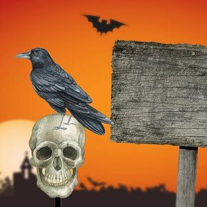 Halloween Yard Sign Crow On Skeleton Head Scary Stakes Yard Decorations Halloween Party Decorations Garden Stakes Decor Yard Signs Yard Art for Patio, Garden, Porch Halloween Party Decor 1 Pack