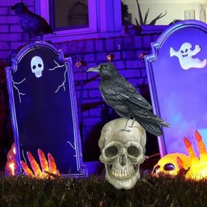 Halloween Yard Sign Crow On Skeleton Head Scary Stakes Yard Decorations Halloween Party Decorations Garden Stakes Decor Yard Signs Yard Art for Patio, Garden, Porch Halloween Party Decor 1 Pack