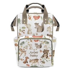 easyeeume woods forest animals safari bear fox deer personalized large capacity diaper bags,custom name backpack casual daypack bag nappy bag gifts