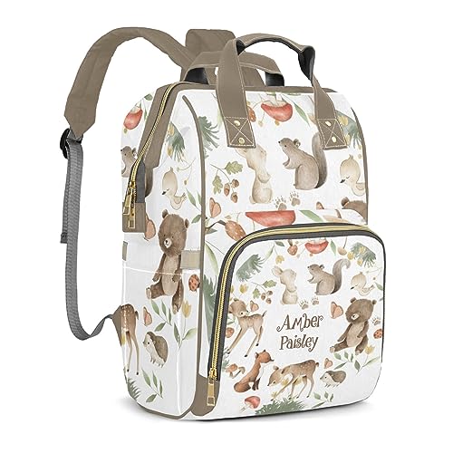 EasyeeUMe Woods Forest Animals Safari Bear Fox Deer Personalized Large Capacity Diaper Bags,Custom Name Backpack Casual Daypack Bag Nappy Bag Gifts