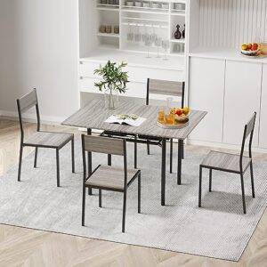 lvsomt 5-pieces dining table set for 4, kitchen table and chairs for 4, metal and wooden foldable table for small space, dining room table set with built-in storage rack (grey)