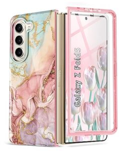 btscase for samsung galaxy z fold 5 case,built in front screen protector,gold glitter marble pattern hard pc slim shockproof full body drop protective case for galaxy z fold 5 5g (2023), rose gold